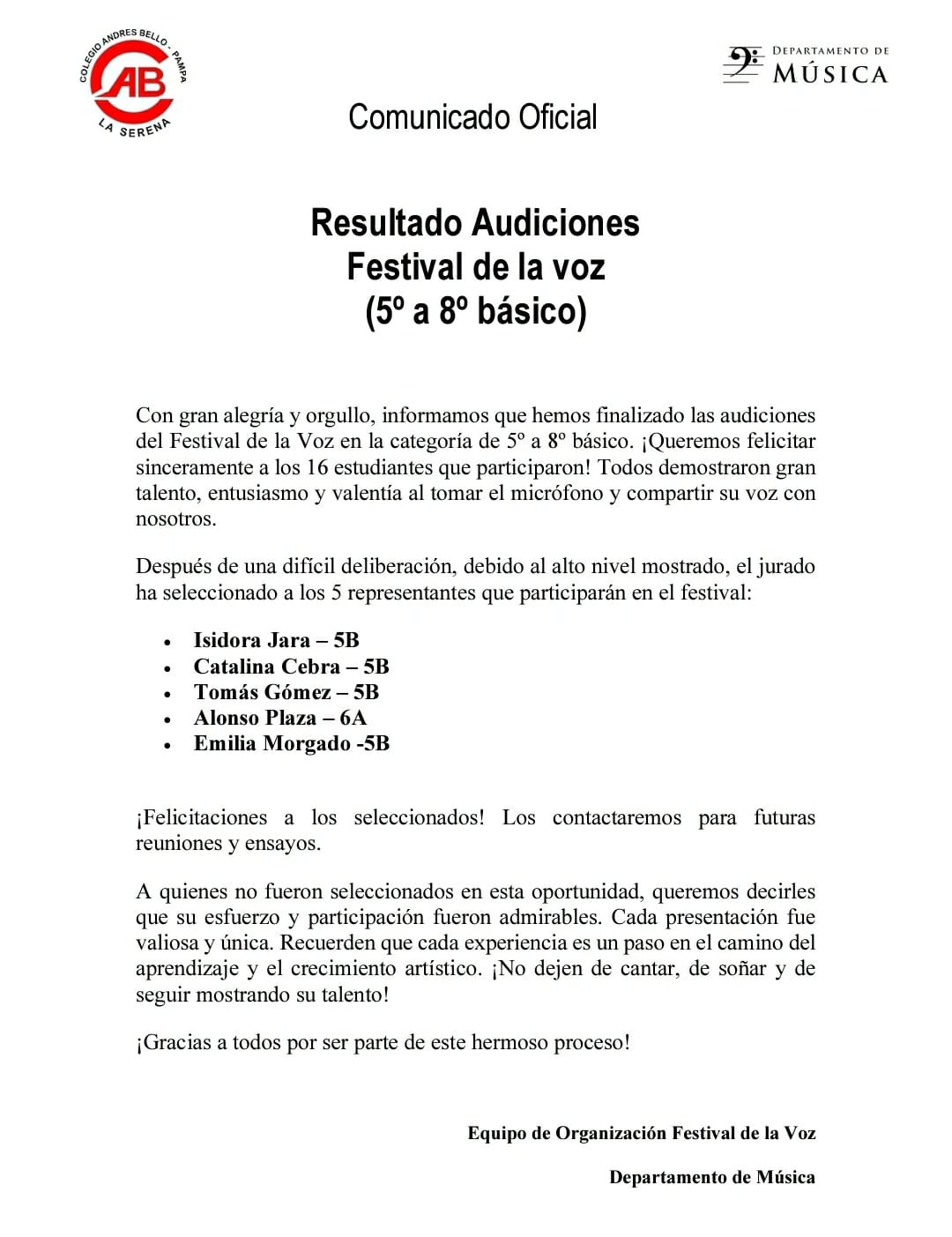 Resultados audiciones festival de la voz 