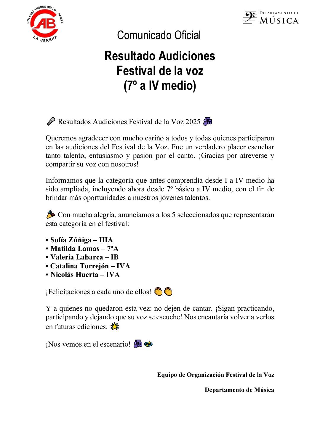 Resultados, festival de la voz 7° básico a IV° Medio
